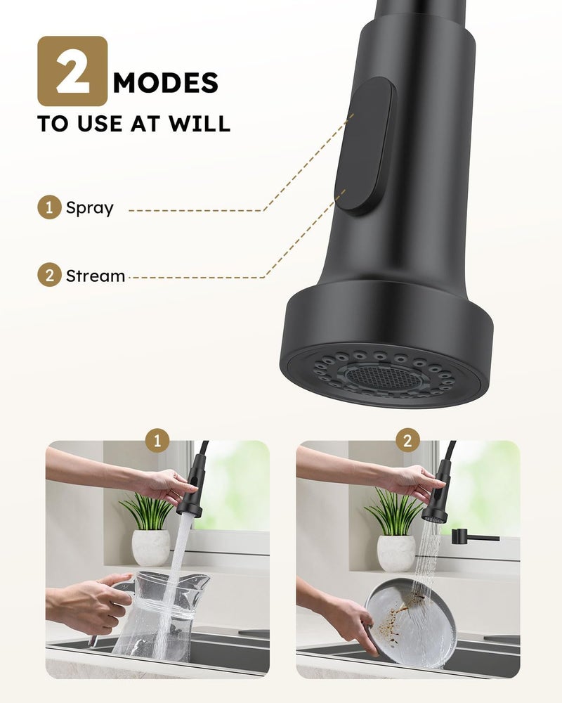 Arofa Kitchen Faucet with Soap Dispenser, Stainless Steel Kitchen Sink Faucets with Pull-Down Sprayer 2 Mode, Single Handle Modern Spring Faucet for 1 or 3 Hole, Matte Black RV & Bar Faucets - Image 4